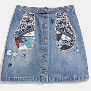 Coach Blue 100% Cotton Denim Patchwork ButtonUp Skirt Sequin Embroidery (Size 4)